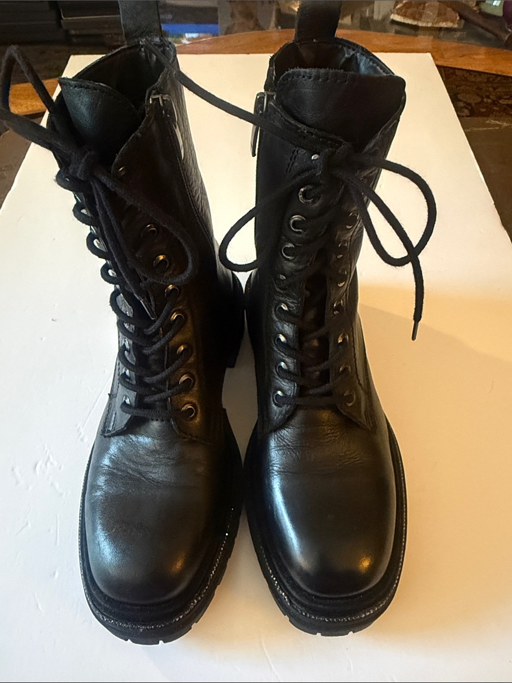 AQUA “Aria” Black Leather Lace-Up Combat Boots Marcasite Velvet Trim Size 8M